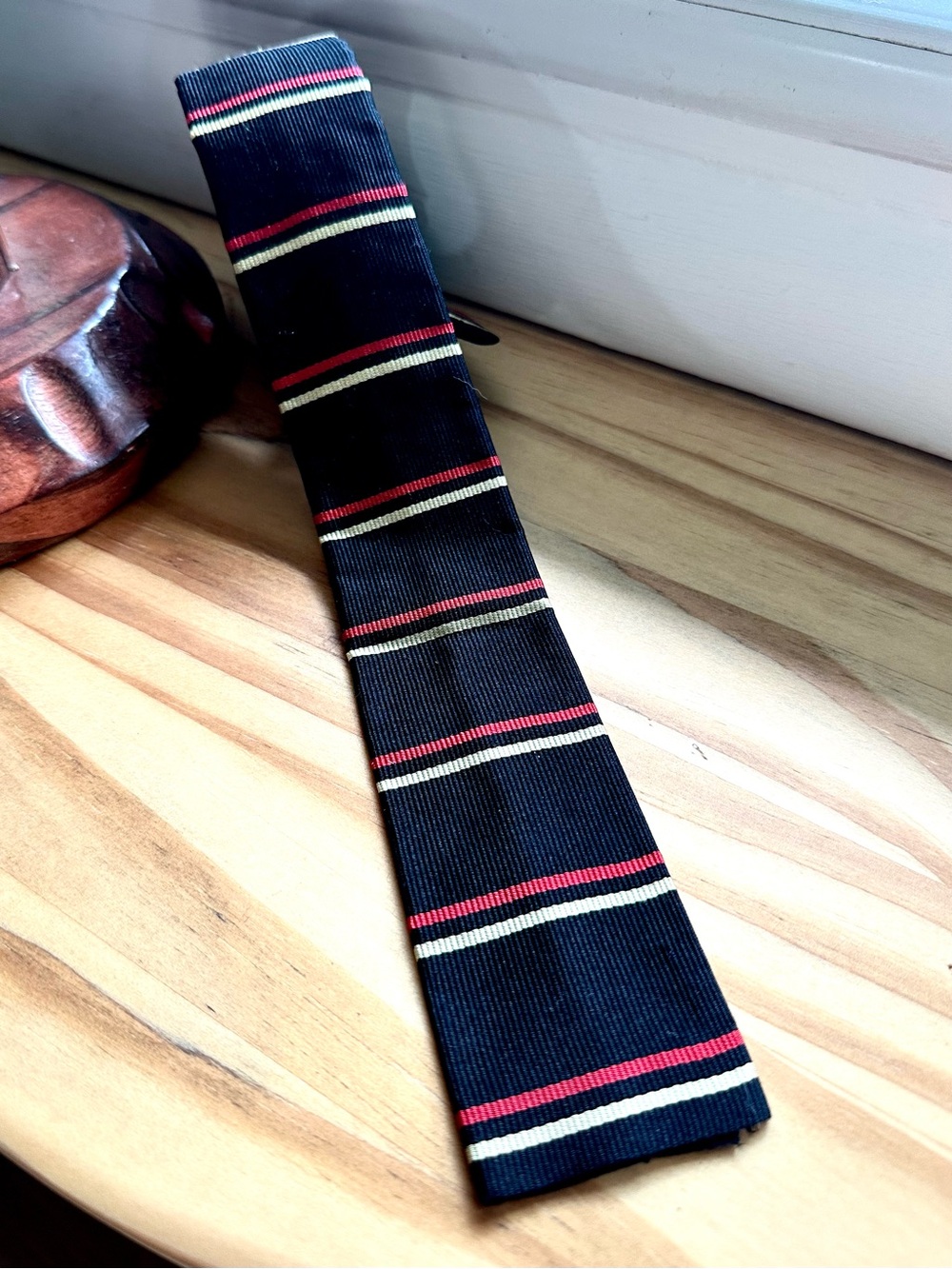 1960’s Navy Silk Knit Squared Skinny Tie with Red and Cream Stripes